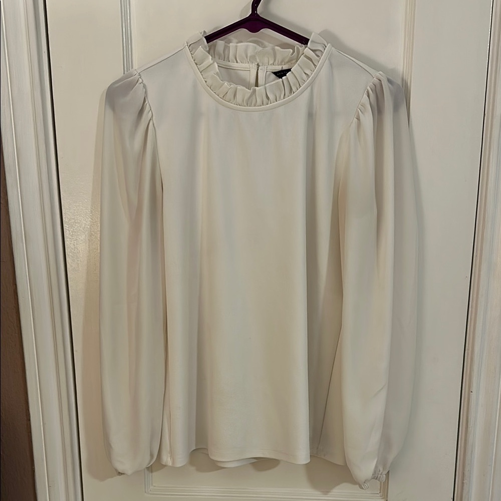 Ann Taylor Cream Ruffled Blouse with Mandarin Collar